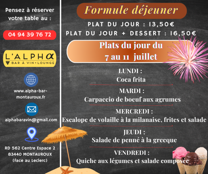 Plats du jour de la semaine le midi du mardi 21 au vendredi 24 mars 2
